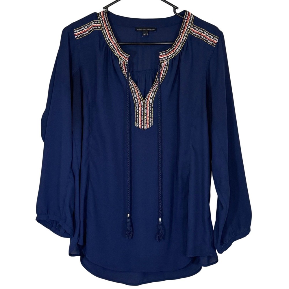 Signature Studio Navy Blue Embroidered Bohemian Tassel Peasant Blouse Size Large